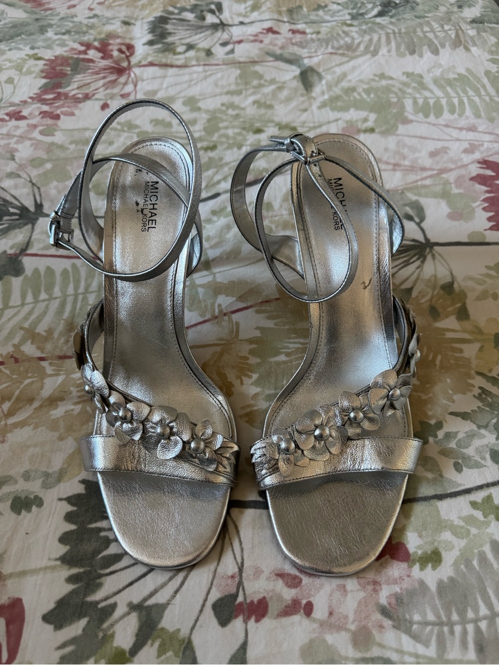 Michael Kors Metallic Silver Floral Ankle-Strap Heels